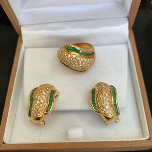 14k Gold Pave and Emerald Ring and Earrings Set weight 20 grams Tested